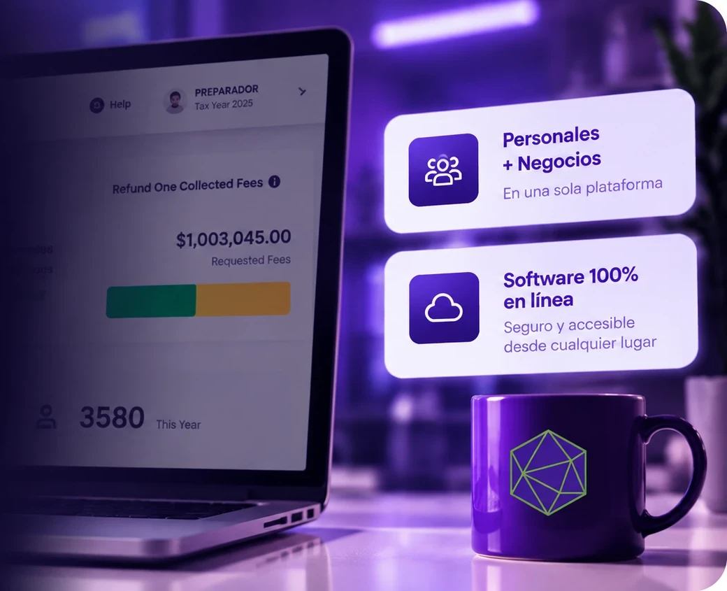 Laptop con el panel del software Refund One; tarjetas: Personales + Negocios en una sola plataforma, Software 100% en línea seguro y accesible desde cualquier lugar